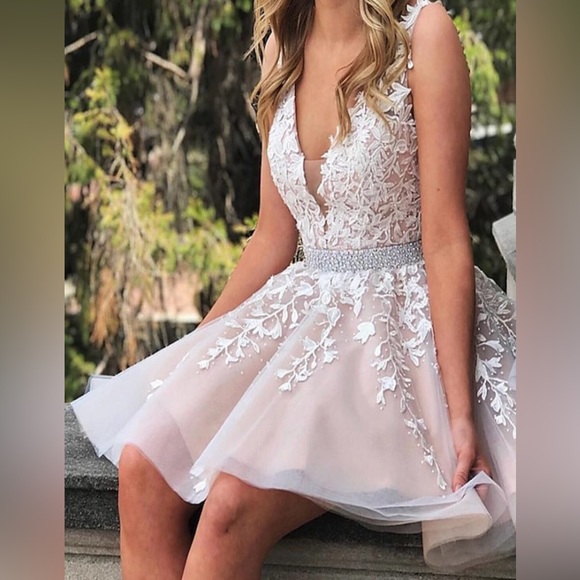 A Line V Neck Short Champagne Lace Formal Prom/Wedding Dress - Picture 3 of 6